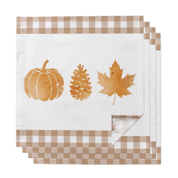 Thanksgiving Fall Cloth Napkins Set of 4 Rustic Gold Pumpkin Pinecone Maple Leaf Gingham Soft Washable Square Dinner Napkins for Party Wedding Restaurant Hotel Cocktail 20x20 Inch
