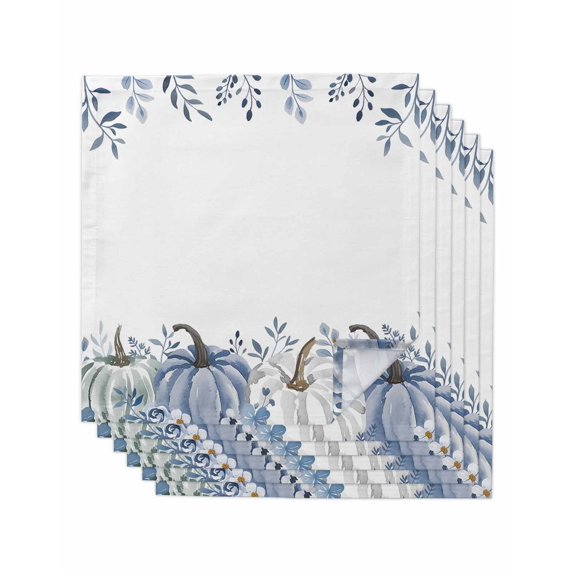 Thanksgiving Fall Cloth Napkins Set of 6 Reusable Dinner Napkins, Autumn Blue White Pumpkin Leaves Cocktail Napkin Washable Table Napkins for Wedding/Holiday Party/Baby Shower 20"x20"