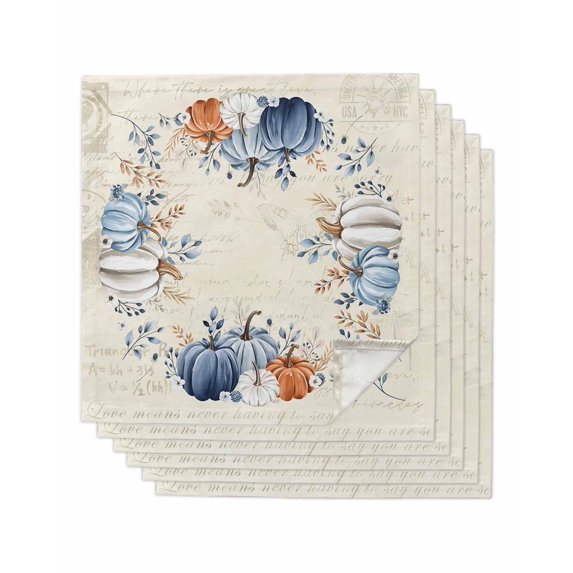 Thanksgiving Fall Cloth Napkins Set of 6 Reusable Dinner Napkins, Autumn Orange Blue Pumpkin Leave Cocktail Napkin Washable Table Napkins for Wedding/Holiday Party/Baby Shower 20"x20"