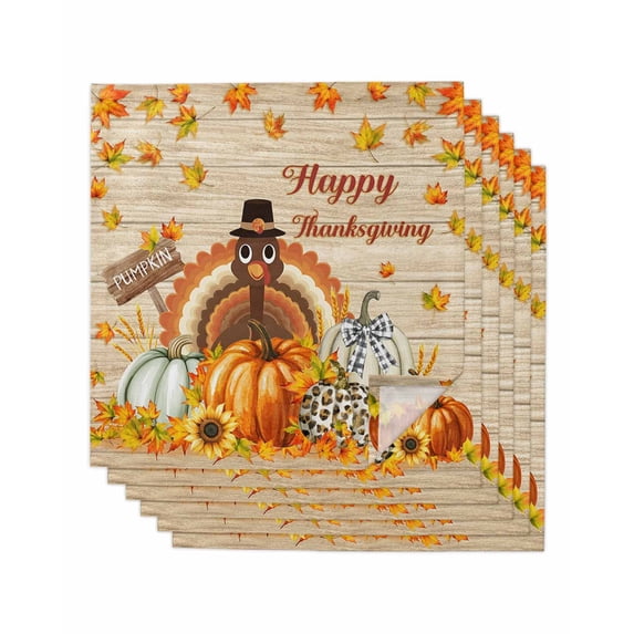 Thanksgiving Fall Cloth Napkins Set of 6 Reusable Dinner Napkins, Orange Turkey Pumpkin Maple Leaf Cocktail Napkin Washable Table Napkins for Wedding/Holiday Party/Baby Shower 20"x20"