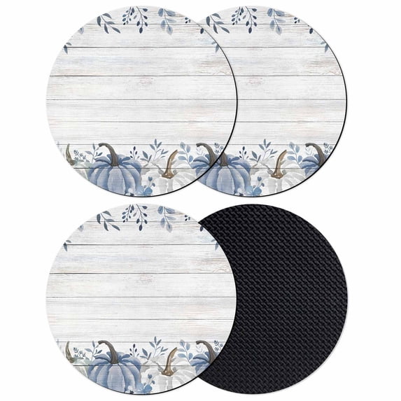 Thanksgiving Fall Coasters Set of 4, Absorbent Coasters for Drinks, Blue White Pumpkin Leaves Wooden Grain Coaster for Desk Coffee Table Protection, Home Decor House Warming Gifts 4"
