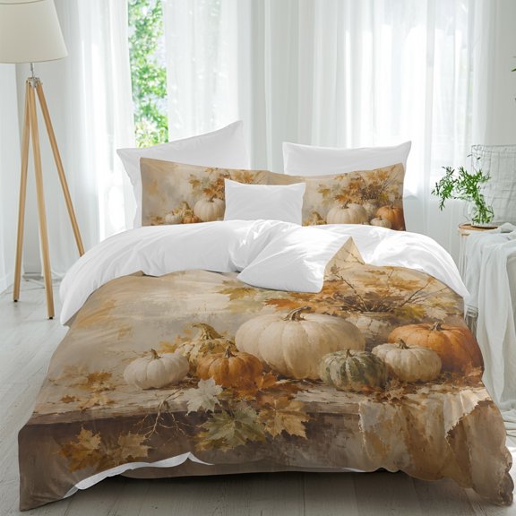 Thanksgiving Fall Comforter Set Twin Size, Rustic White Orange Pumpkin Leaf Ceramic Pot Soft Bedding Set for Man Woman, 4 Pieces Duvet Cover Set with Fitted Sheet, 2 Pillowcases