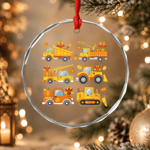 Thanksgiving Fall Construction Trucks Toddler Ornament, Family Feast Keepsake, Circle Glass Ornament