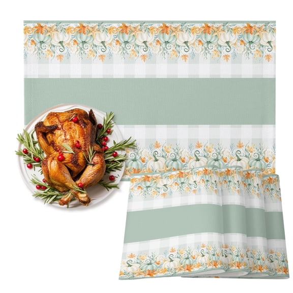 Thanksgiving Fall Cotton Linen Placemats Set of 1, Rustic Green White Pumpkin Plain Stripe Gingham Washable Table Place Mats Heat Insulating Placemat for Dining Room Kitchen Daily Use 13 x 19 Inch