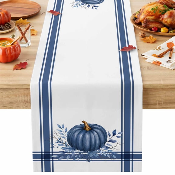 Thanksgiving Fall Cotton Linen Table Runner Rustic Blue Pumpkin Leaves Plaid Lines Dining Table Runners for Home Decor Party Dining Room Restaurant Kitchen Party 13" x 70"