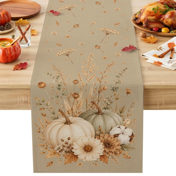 Thanksgiving Fall Cotton Linen Table Runner Rustic Farmhouse Beige Pumpkin Wheat Linen Texture Dining Table Runners for Home Decor Party Dining Room Restaurant Kitchen Party 18" x 72"