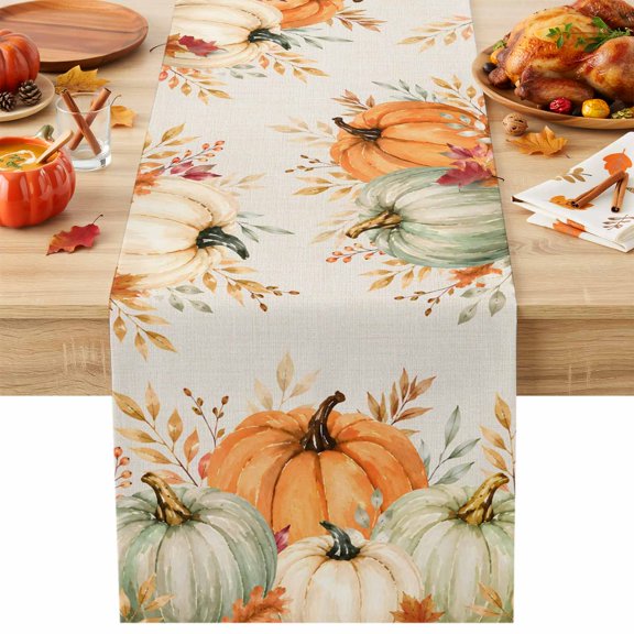 Thanksgiving Fall Cotton Linen Table Runner Rustic Farmhouse Orange Pumpkin Linen Texture Dining Table Runners for Home Decor Party Dining Room Restaurant Kitchen Party 13" x 72"