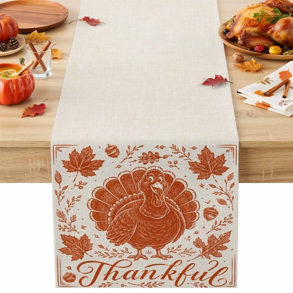 Thanksgiving Fall Cotton Linen Table Runner Rustic Terracotta Turkey Maple Oak Leaf Acorn Dining Table Runners for Home Decor Party Dining Room Restaurant Kitchen Party 13" x 48"