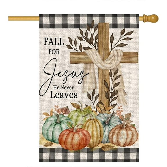 Thanksgiving Fall Cross House Flag for Outdoor 28 x 40 Double Sided,Religious Cross Fall for Jesus Buffalo Plaid with Pumpkins Yard Flags for Outside, Holiday Decorative House Flag for Farmhouse