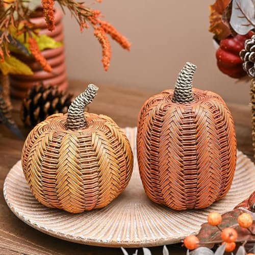 Thanksgiving Fall Decorations for Home, Fall Pumpkin Decor, 2pcs Resin Pumpkin Decorations Indoor, Pumpkins for Decorating, Autumn Table Decor, 5 inch