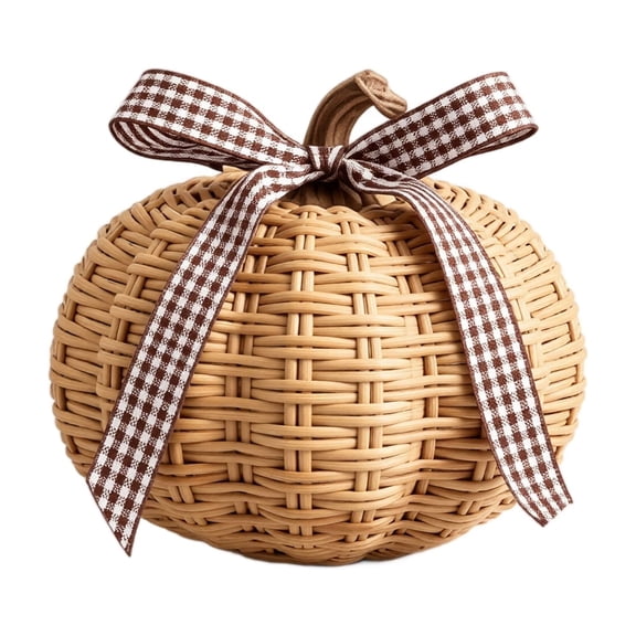 Thanksgiving Fall Decorations For Home,Wicker Pumpkin With Bows,Perfect For Autumn Thanksgiving Harvest, Rustic Farmhouse Home Coffee Table Mantle Decor(4.33In)