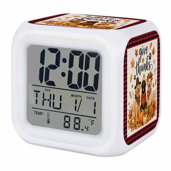 Thanksgiving Fall Digital Alarm Clock for Bedrooms, Smart LED Alarm Clock with 7 Color Changing Night Light, Pumpkin Dogs Maple Leaves Plaid Silent Wake Up Clocks for Sleep Study Cooking 3.2"x3.2"