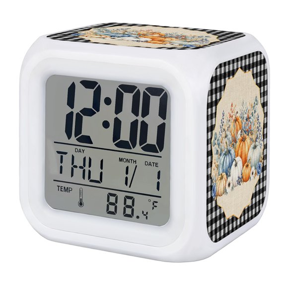 Thanksgiving Fall Digital Alarm Clock for Bedrooms,Smart LED Alarm Clock with 7 Color Changing Night Light,Rustic Orange Blue Pumpkin Black Plaid Silent Wake Up Clocks for Sleep Study 3.2"x3.2"