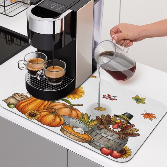 Thanksgiving Fall Dish Drying Mats for Kitchen Counter, Rustic Pumpkin Pie Turkey Sunflower Maple Leaf Absorbent Coffee Bar Mat with Non-slip Rubber Backed Quick Drying Dish Rack Pad 16"x18"