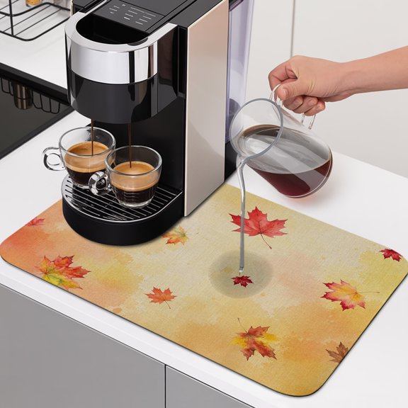 Thanksgiving Fall Dish Drying Mats for Kitchen Counter, Vintage Maple Leaf Orange Ombre Rustic Farmhouse Absorbent Coffee Bar Mat with Non-slip Rubber Backed Quick Drying Dish Rack Pad 16"x18"