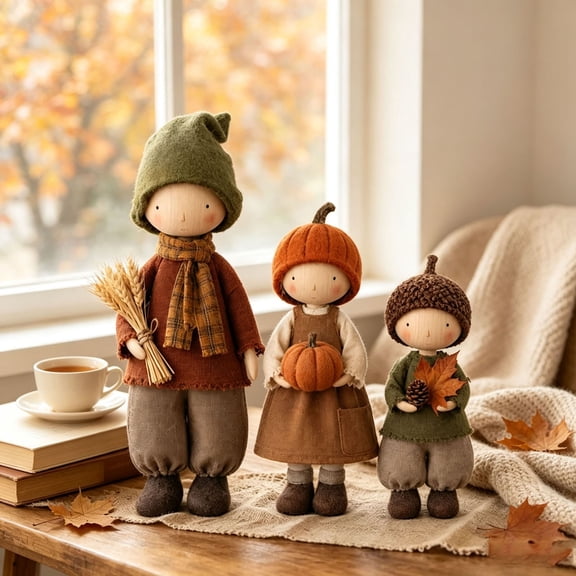 Thanksgiving Fall Dolls Set of 3, Primitive Farmhouse Autumn Cloth Dolls with Pumpkin Wheat Maple Leaf, Rustic Tiered Tray Decor