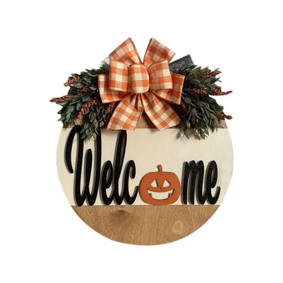 Thanksgiving Fall Door Hanger, 12'' Rustic Pumpkins Front Door Decor with Handmade Bow-Knot Leaves, Round Wood Hanging Happy Fall Y'all Sign Farmhouse Porch Decor for Home Outdoor Indoor Décor