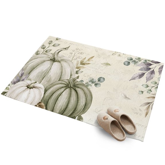 Thanksgiving Fall Entryway Rug 2'x3' Rustic Green White Pumpkin Leaf Script Letter Small Area Rug Non-Slip Front Door Mat Washable Floor for Front‑Door Area, Kitchen Sink Zone, Bathroom