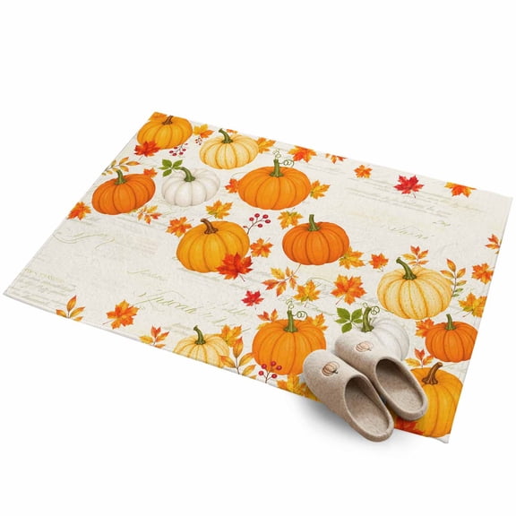 Thanksgiving Fall Entryway Rug 2'x3' Rustic Orange White Pumpkin Script Background Small Area Rug Non-Slip Front Door Mat Washable Floor for Front‑Door Area, Kitchen Sink Zone, Bathroom