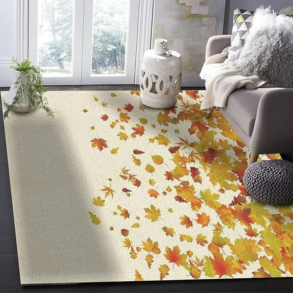 Thanksgiving Fall Fallen Maple Leaves Farmhouse Rugs, Simple And Fresh Home Indoor Area Rug, Soft Washable Non-Slip Rug For Bedroom Office Basement Yoga Studio Large Carpet 5 x 8ft