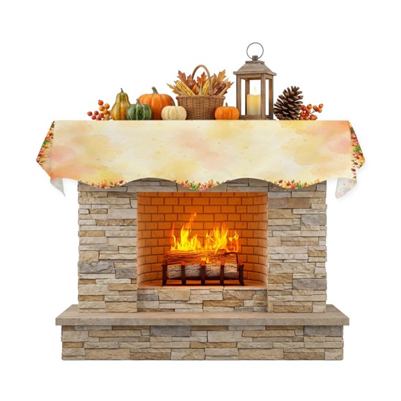 Thanksgiving Fall Fireplace Mantel Scarf 60 x 17 Inch, Botanical Border Green Maple Leaf Orange Splash Style Mantel Scarves for Fireplace Decor Reusable Top Runners for Thanksgiving Party Supplies