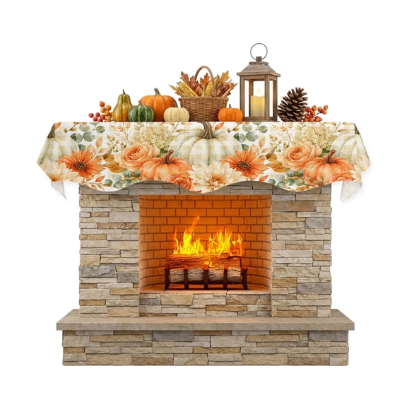 Thanksgiving Fall Fireplace Mantle Scarf Rustic Beige Pumpkin Flower Gingham Background Mantel Cover Runner Fireplace Cloth for Holiday Party Home Living Room Decor 60 x 17 Inch