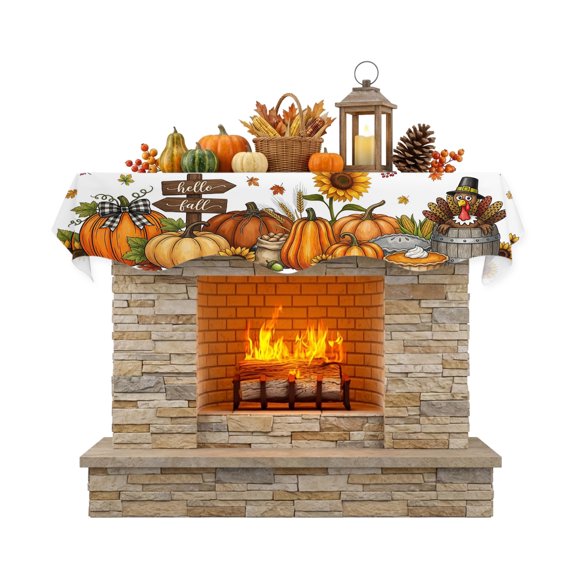 Thanksgiving Fall Fireplace Mantle Scarf Rustic Pumpkin Pie Turkey Sunflower Maple Leaf Mantel Cover Runner Fireplace Cloth for Holiday Party Home Living Room Decor 60 x 17 Inch
