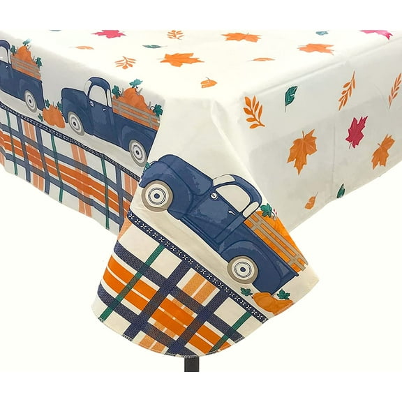 Serafina Home Thanksgiving Fall Flannel Back Vinyl Tablecloth: Farmhouse Blue Pumpkin Truck Border with Colorful Leaves 60"