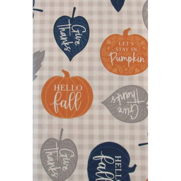 Thanksgiving Fall Flannel Back Vinyl Tablecloth Orange Blue Gray Leaves with Fun Fall Sayings on Gingham Background (52x52 Square)