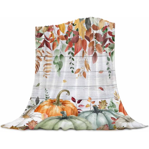 Thanksgiving Fall Flannel Blanket, Pumpkin Eucalyptus Leaves Ultra Soft Warm Super Soft Warm Blankets for Couch Sofa Lightweight Fluffy Plush Wood Grain Autumn Plant Bed Throws 40x50 Inch