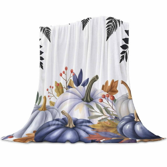 Thanksgiving Fall Flannel Blanket for Bed,Travel and Camping, Watercolor Purple Pumpkin Leaves Super Soft Cozy Blanket for All Seasons 32"x48"