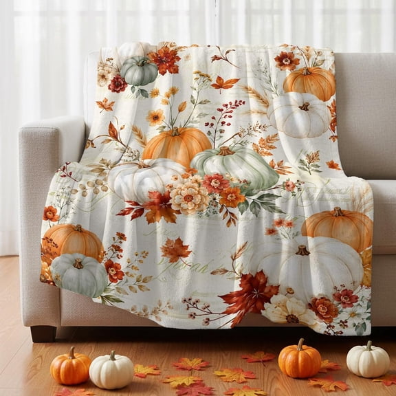 Thanksgiving Fall Fleece Blanket, Rustic Orange Green White Pumpkin Floral Leaf Ultra Soft Warm Throw Blanket Lightweight Plush Bed Blanket, Home Decor Throws for Couch Bed Sofa, 60x80 inches