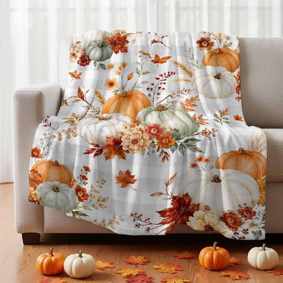 Thanksgiving Fall Fleece Blanket, Rustic Orange Green White Pumpkin Leaf Gingham Ultra Soft Warm Throw Blanket Lightweight Plush Bed Blanket, Home Decor Throws for Couch Bed Sofa, 30x40 inches