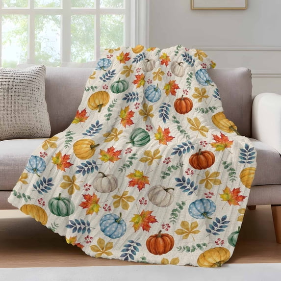 Thanksgiving Fall Fleece Throw Blanket for Couch, Blue Pumpkin Maple Botanical Farmhouse Microfiber Flannel Blanket for All Season, Lightweight Soft Throw Blankets for Women, Girls, Adults, 50"x80"