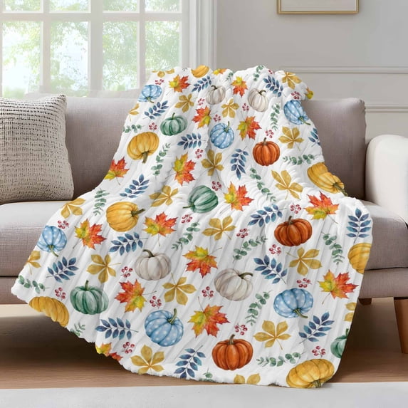 Thanksgiving Fall Fleece Throw Blanket for Couch, Blue Pumpkin Maple Leaves Botanical Microfiber Flannel Blanket for All Season, Lightweight Fuzzy Plush Throw Blankets for Gifts, Office, 40"x50"