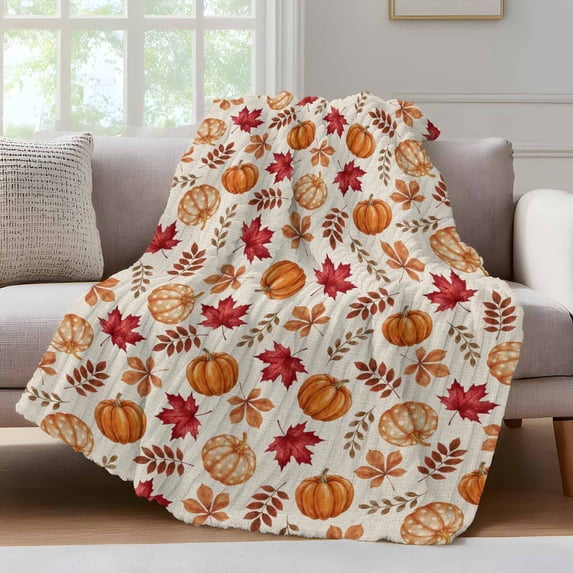 Thanksgiving Fall Fleece Throw Blanket for Couch, Maple Leaf Pumpkin Botanical Farmhouse Microfiber Flannel Blanket for All Season, Lightweight Soft Throw Blankets for Bedroom, Living Room, 60"x80"