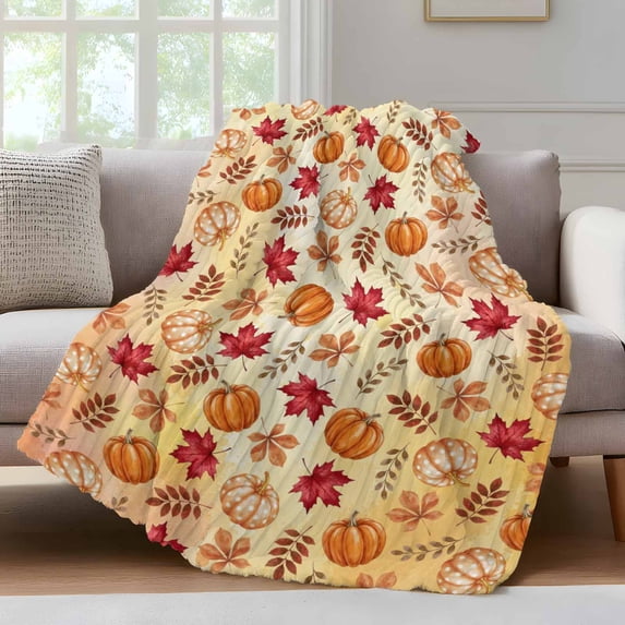 Thanksgiving Fall Fleece Throw Blanket for Couch, Maple Leaf Pumpkin Botanical Yellow Ombre Microfiber Flannel Blanket for All Season, Lightweight Soft Throw Blankets for Girls, Kids, Teens, 40"x60"
