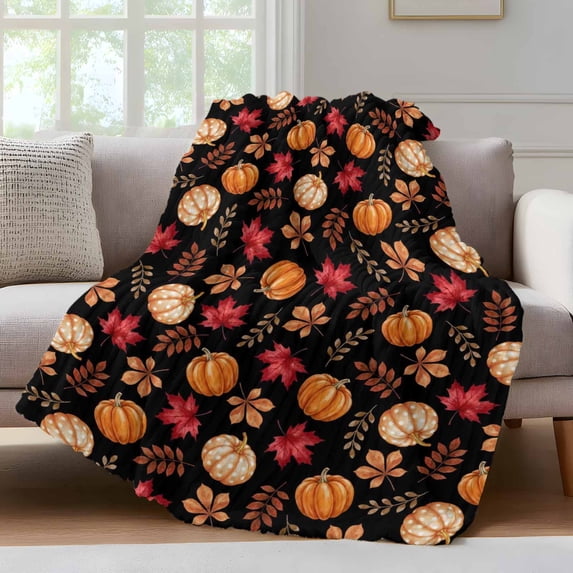 Thanksgiving Fall Fleece Throw Blanket for Couch, Orange Pumpkin Maple Leaf Botanical Black Microfiber Flannel Blanket for All Season, Lightweight Soft Throw Blankets for Girls, Kids, Teens, 40"x60"