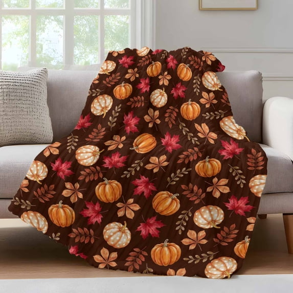 Thanksgiving Fall Fleece Throw Blanket for Couch, Orange Pumpkin Maple Leaf Botanical Brown Microfiber Flannel Blanket for All Season, Lightweight Soft Throw Blankets for Baby, Kids, Pets, 30"x40"
