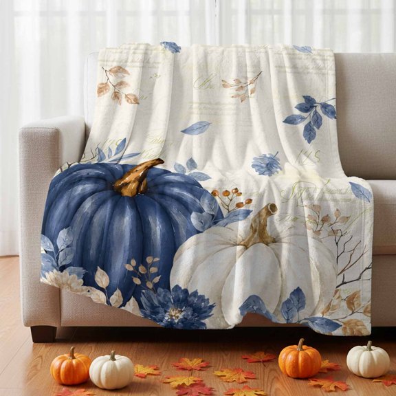 Thanksgiving Fall Fleece Throw Blanket Rustic Blue White Pumpkin Leaf Script Letter Ultra Soft Fuzzy Cozy Flannel Throw Blanket for Couch Sofa Bed Car Travel, Ideal Gifts 60x80 Inches