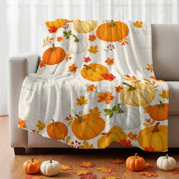 Thanksgiving Fall Fleece Throw Blanket Rustic Orange White Pumpkin Script Background Ultra Soft Fuzzy Cozy Flannel Throw Blanket for Couch Sofa Bed Car Travel, Ideal Gifts 40x60 Inches