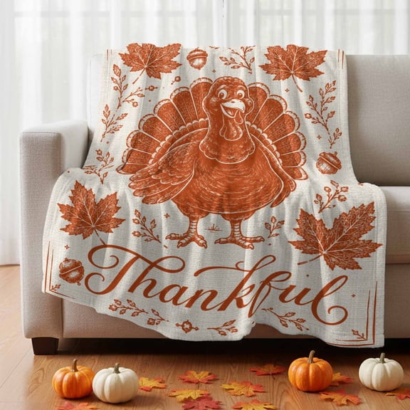 Thanksgiving Fall Fleece Throw Blanket Rustic Terracotta Turkey Maple Oak Leaf Acorn Ultra Soft Fuzzy Cozy Flannel Throw Blanket for Couch Sofa Bed Car Travel, Ideal Gifts 30x40 Inches