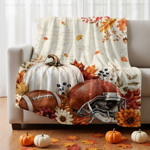 Thanksgiving Fall Fleece Throw Blanket White Pumpkin Football Helmet Script Background Ultra Soft Fuzzy Cozy Flannel Throw Blanket for Couch Sofa Bed Car Travel, Ideal Gifts 30x40 Inches