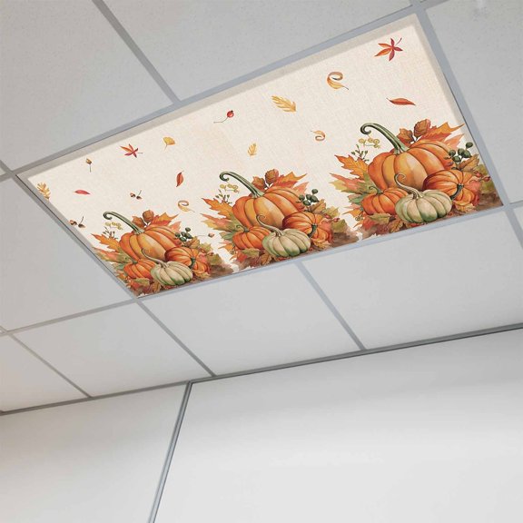 Thanksgiving Fall Fluorescent Light Covers, Pumpkin Harvest Orange Maple Leaf Rustic Magnetic Light Covers for Ceiling Lights, Fluorescent Ceiling Shade for Classroom Bedroom Office 4x2Ft x 1PCS