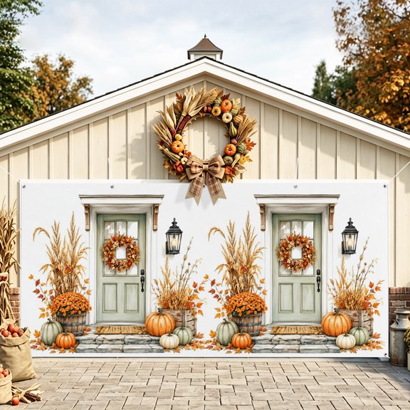 Thanksgiving Fall Garage Door Banner 6.9x8 Ft, Autumn Botanical Harvest Farmhouse Outdoor Garage Door Cover for Holiday Party, Hanging Banner Backdrop Decoration Wall Decor Flag