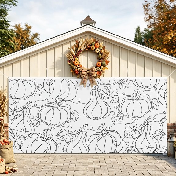 Thanksgiving Fall Garage Door Banner 6.9x8 Ft, Autumn Minimalist Pumpkin Leaves Outdoor Garage Door Cover for Holiday Party, Hanging Banner Backdrop Decoration Wall Decor Flag