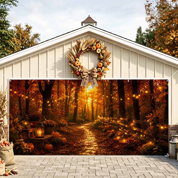 Thanksgiving Fall Garage Door Banner 6.9x8 Ft, Autumn Pumpkins Maple Leaves Outdoor Garage Door Cover for Holiday Party, Hanging Banner Backdrop Decoration Wall Decor Flag