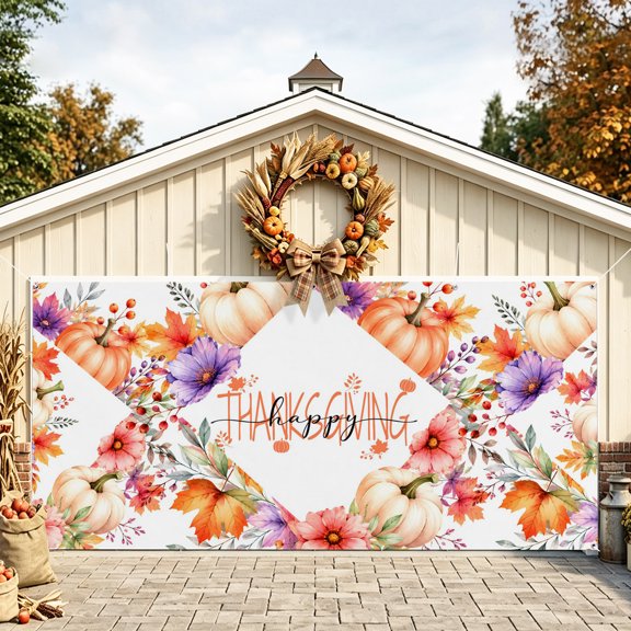 Thanksgiving Fall Garage Door Banner 6.9x8 Ft, Pumpkins Autumn Leaves Floral Botanical Outdoor Garage Door Cover for Holiday Party, Hanging Banner Backdrop Decoration Wall Decor Flag