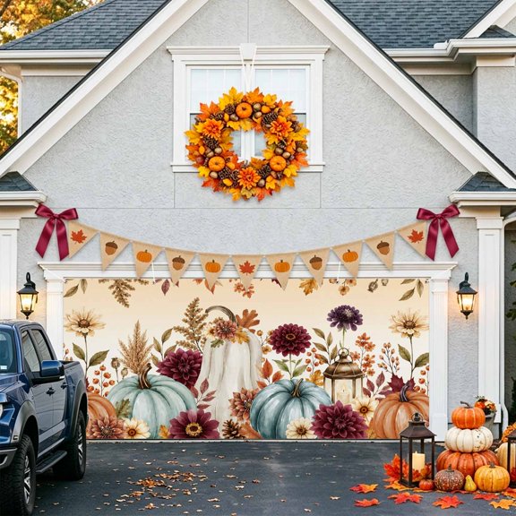Thanksgiving Fall Garage Door Banner Covers, Harvest Blue White Orange Pumpkin Floral Leaf Large Hanging Indoor/Outdoor Backdrop Background for Christmas Winter Party Decor, 6.9x16ft