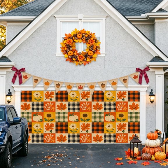 Thanksgiving Fall Garage Door Banner Covers, Patchwork Pumpkin Sunflower Oak Leaf Gingham Large Hanging Indoor/Outdoor Backdrop Background for Christmas Winter Party Decor, 6.9x16ft